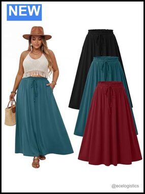 Plus Size Maxi Skirts 3 Pack Drawstring A-Line Soft Lightweight